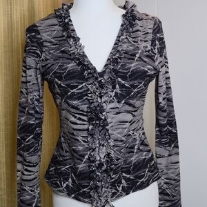 INC International Concepts Black and Grey Ruffle Blouse